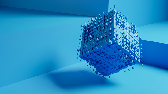 Technology wireframe tunnel on blue background. Futuristic 3D grid. Big data visualization. 3D rendering.