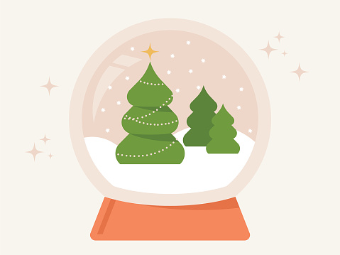 Vector Illustrations of Christmas and winter objects, elements, and patterns. Great for greeting cards, invitations, and social graphics. Snow Globe. Christmas Tree and Star.