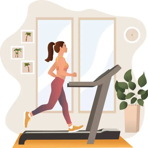 Vector illustration of Girl running on motorized treadmill flat vector illustration.