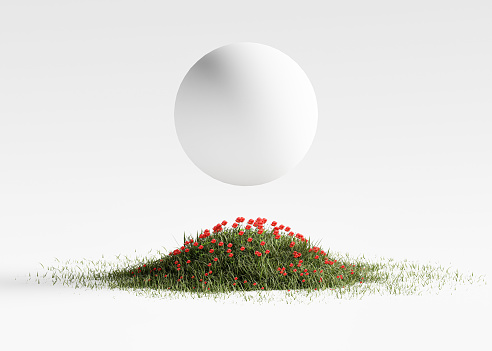 Small round surface covered with grass, grass podium, lawn background 3d rendering