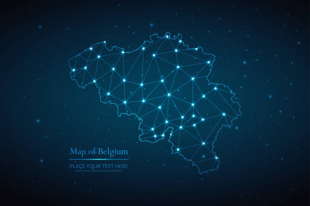 illustrazioni stock, clip art, cartoni animati e icone di tendenza di mappa astratta della linea di rete poligonale a maglia geometrica del belgio - belgium map flag three dimensional shape