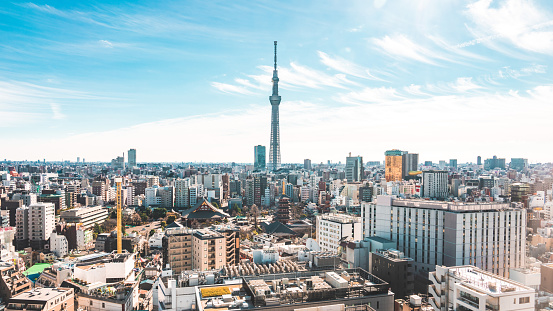 Tokyo Skytree overlooking rooftops of homes cityscape in Japan