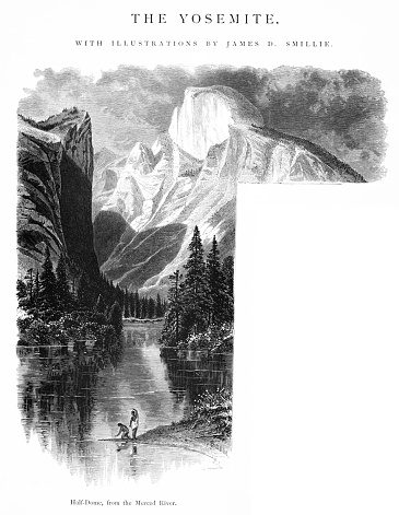 Half-Done in Merced River, Yosemite National Park, Sierra Nevada Mountains, California, USA. Copy Space. Pen and pencil engravings, published 1872. This edition edited by William Cullen Bryant is in my private collection. Copyright is in public domain.