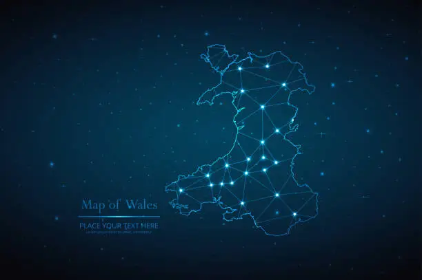 Vector illustration of Abstract map of Wales geometric mesh polygonal network line