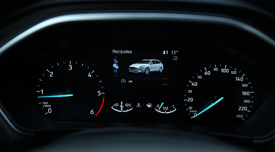 Belarus, Minsk - 09.23.2022: Speedometer and dashboard Ford Focus.