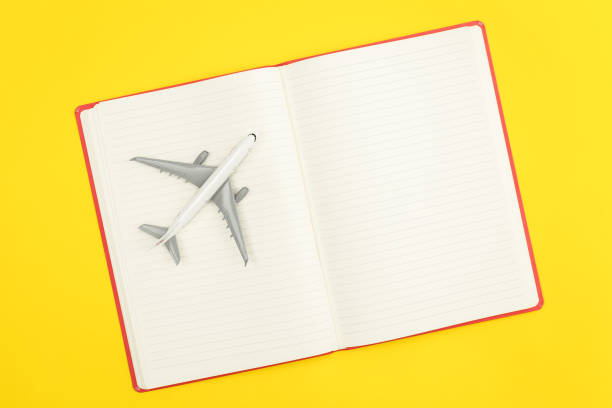 istock Blank notebook and airplane model on yellow background, flat lay. 1475090361