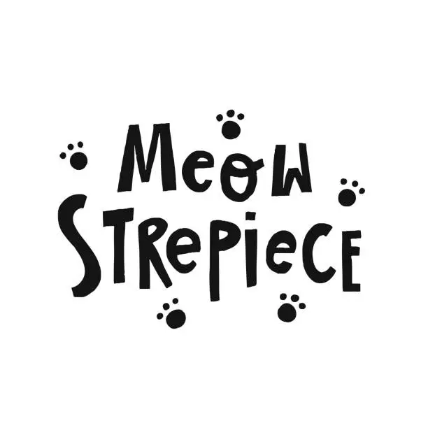 Vector illustration of Funny pet hand drawn lettering Meow-sterpiece. Phrase for creative poster design. Greeting card with word-play. Quote isolated on white background. Letters in cutout style
