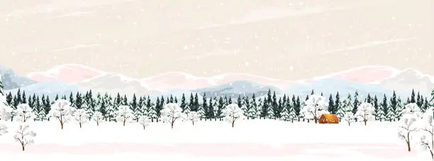 Vector illustration of Winter forest landscape with Wood Barn,Fir Trees and Pines in Snowy day.Vector cartoon horizon coniferous forest with snow falling at night,Backdrop background banner for Christmas,New Year Decoration