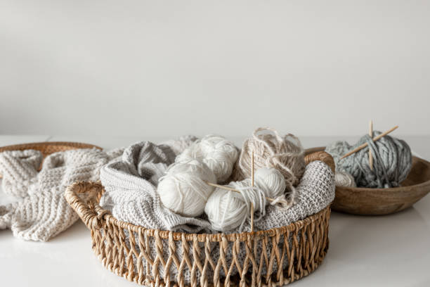 istock Basket with yarn close-up, threads for knitting. 1475091792