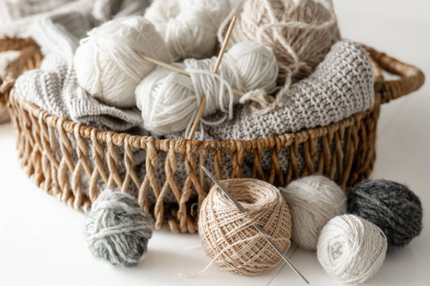 istock Basket with yarn close-up, threads for knitting. 1475091796