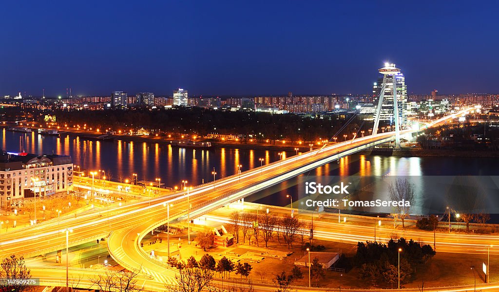 Bratislava panorama at night with bridge Bratislava panorama at night with Danube Aerial View Stock Photo