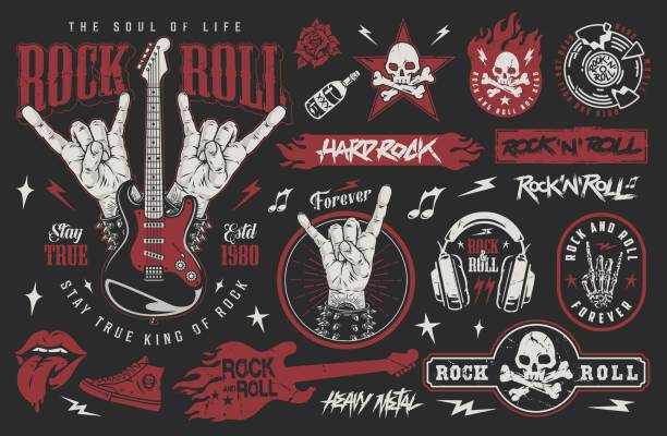 rocknroll fest bunte set aufkleber - baßgitarre stock-grafiken, -clipart, -cartoons und -symbole