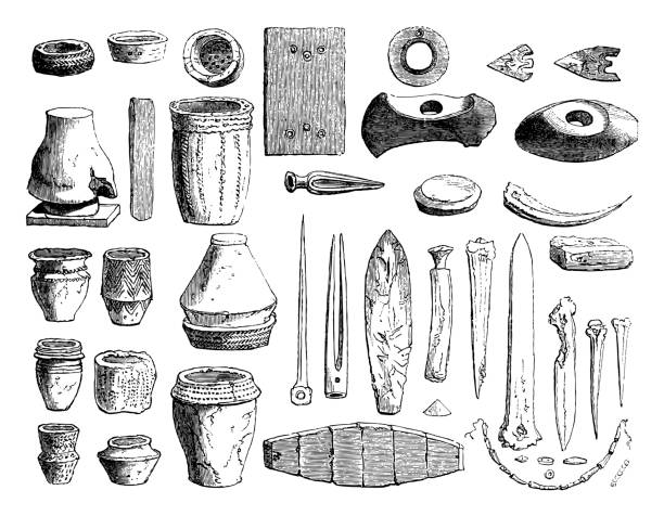 ilustraciones, imágenes clip art, dibujos animados e iconos de stock de herramientas y artefactos antiguos de la edad de piedra - ilustración grabada vintage - prehistoric antiquity illustrations