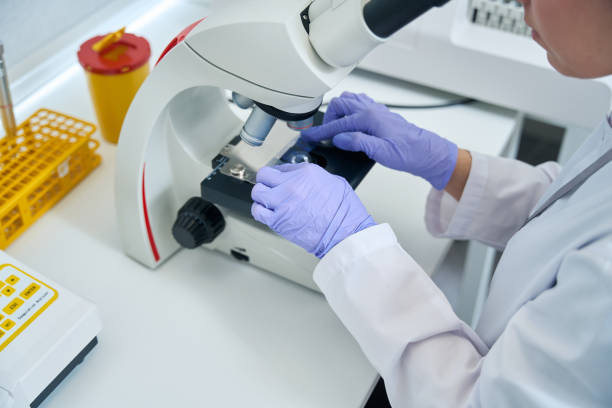 istock Female laboratory assistant examinesa sample of biomaterial for DNA test 1475094512