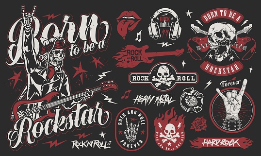 Rock star colorful set stickers for born to be fans of heavy metal or punk music vector illustration
