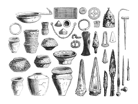 Vintage engraved illustration isolated on white background - Roman-British weapons, tools, pottery and ornaments