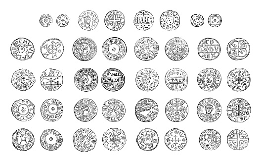 Vintage engraved illustration isolated on white background - Silver coin collection (Anglo-saxon period)