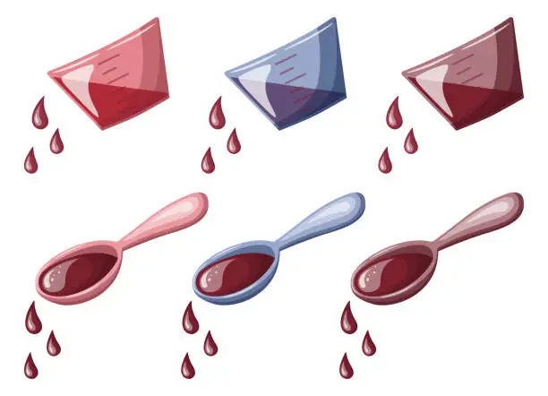 Vector illustration of Set of measuring cups and spoons with syrup. Medicine, pharmacy and healthcare concept.