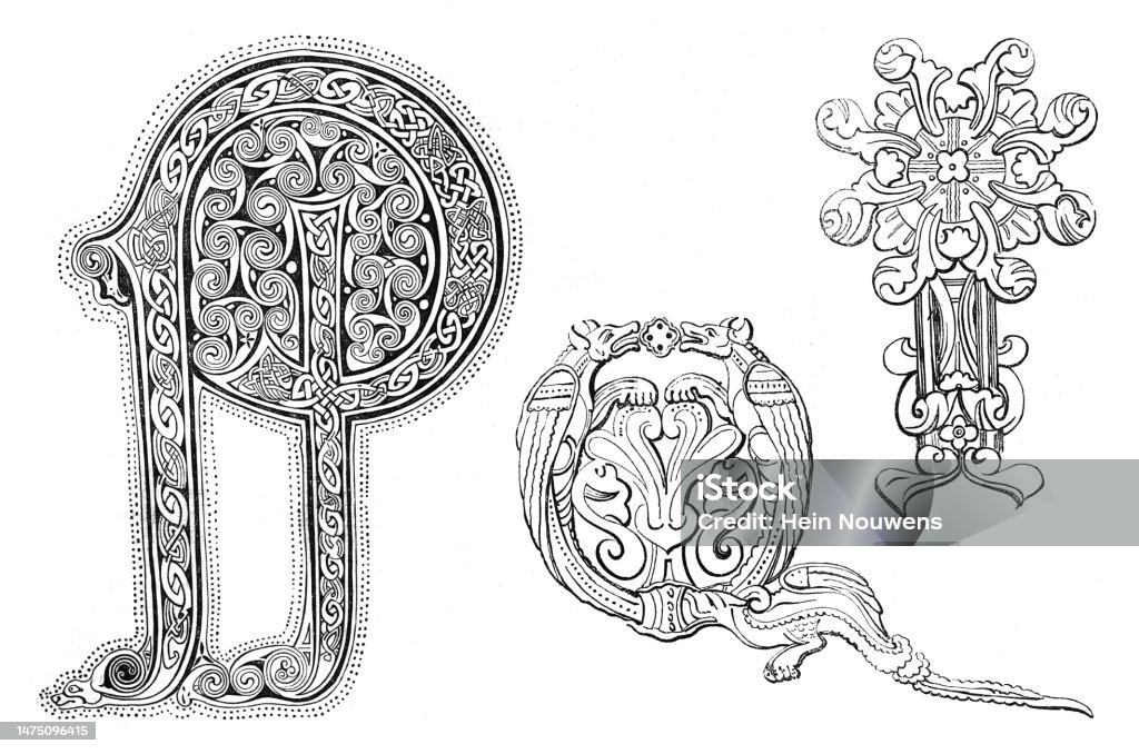Anglosaxon Illuminated Letter And Ornament Vintage Engraved