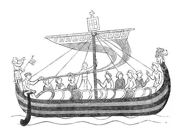 średniowieczny statek (gobelin z bayeux) - vintage grawerowana ilustracja - tkanina z bayeux stock illustrations