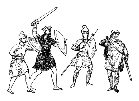 Vintage engraved illustration isolated on white background - Anglo-Saxon military soldiers