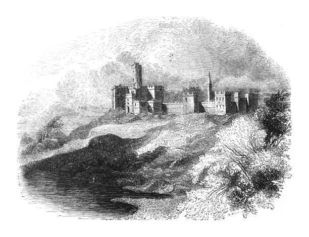 illustrations, cliparts, dessins animés et icônes de château médiéval de warkworth à warkworth (angleterre) - illustration gravée vintage - warkworth castle