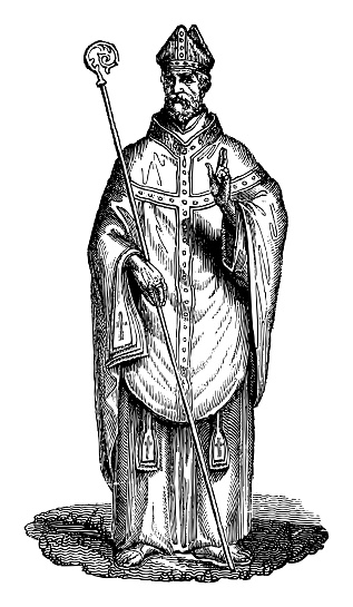 Vintage engraved illustration isolated on white background - Medieval abbot with mitre and crosier