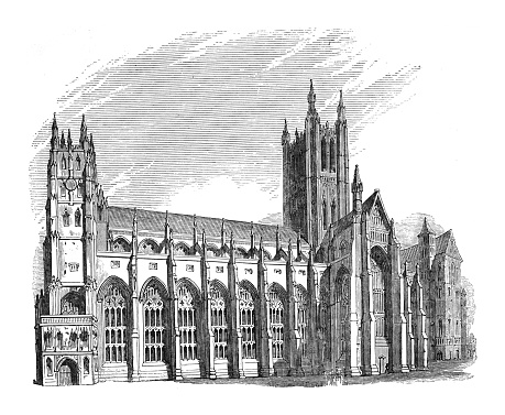 Vintage engraved illustration - Canterbury Cathedral in Canterbury, Kent (England)