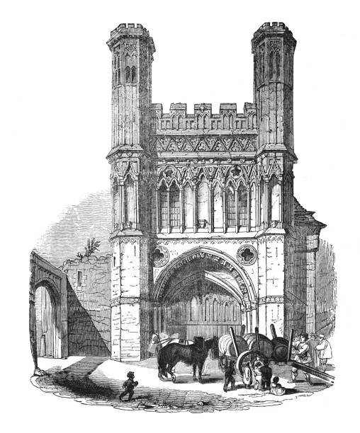 St Augustine's Abbey with gate - Vintage engraved illustration Vintage engraved illustration - St Augustine's Abbey with gate canterbury uk stock illustrations