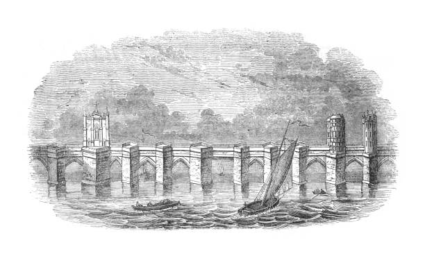 illustrazioni stock, clip art, cartoni animati e icone di tendenza di london bridge in 1209 (inghilterra) - illustrazione incisa d'epoca - london bridge