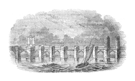 Vintage engraved illustration - London bridge in 1209 (England)
