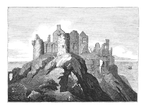 Vintage engraved illustration - Dunluce Castle - medieval castle in Northern Ireland