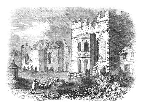 Vintage engraved illustration - Tutbury Castle at Tutbury, Staffordshire (England)