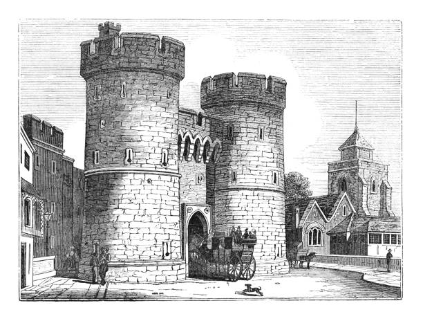 West gate and Holy cross church at Canterbury (England) - Vintage engraved illustration Vintage engraved illustration - West gate and Holy cross church at Canterbury (England) canterbury uk stock illustrations