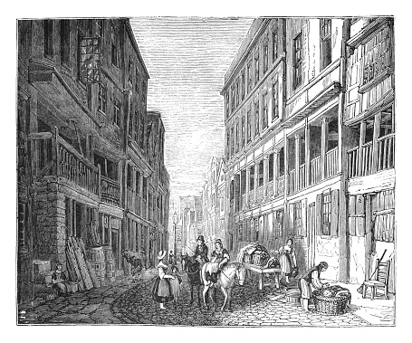 Vintage engraved illustration - Chester city - Watergate-street with the external view of the ''Rows'' (England)