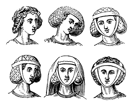 Vintage engraved illustration isolated on white background - Medieval English traditional women's head dresses (14th century)