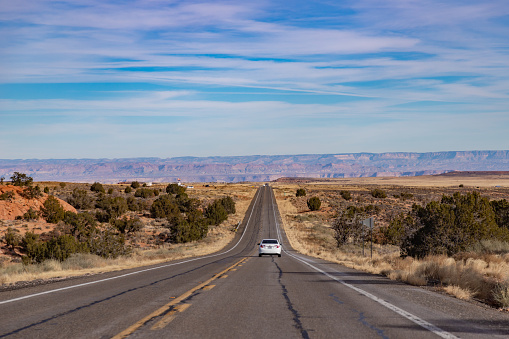 Arizona, United States - November 21, 2022: A picture of U.S. Route 89 in Arizona, with the Grand Canyon landscape in the distance.