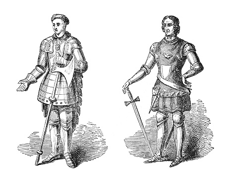 Vintage engraved illustration isolated on white background - William Montagu, 1st Earl of Salisbury (1301-1344) and sir Thomas Erpingham, English soldier (1357-1428)