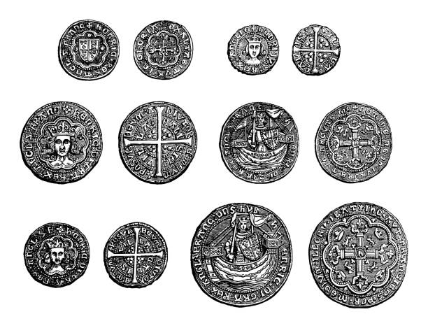 mittelalterliche münzen von heinrich v. oder heinrich von monmouth - könig von england (1413-1422) - vintage-illustration - henry v stock-grafiken, -clipart, -cartoons und -symbole