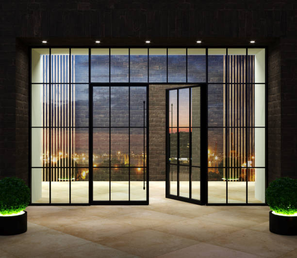 istock Modern glass black office entrance loft door 1475100171