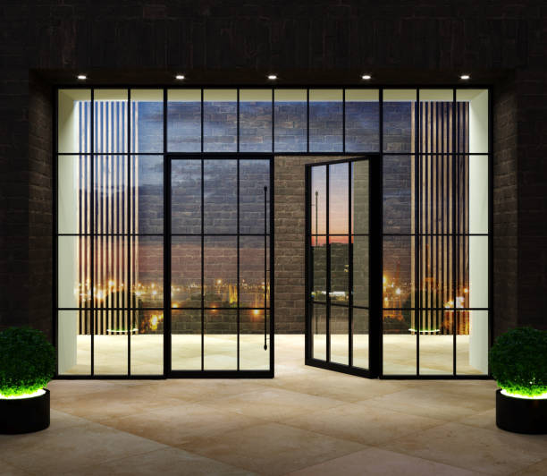 современная стеклянная черная входная дверь для офиса - loft apartment window apartment vehicle interior стоковые фото и изображения