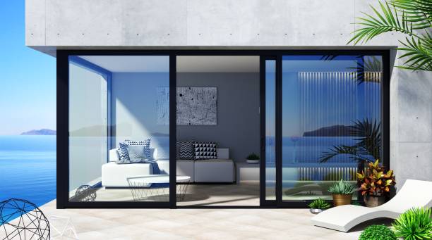 istock Automatic black sliding doors sea villa patio facade mockup 1475100177
