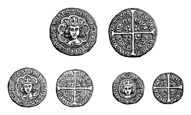 ilustraciones, imágenes clip art, dibujos animados e iconos de stock de monedas medievales de enrique vi - rey de inglaterra (1422-1461) - ilustración grabada vintage - henry vi