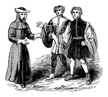 Vintage engraved illustration - Medieval English traditional men's clothing (14th century)