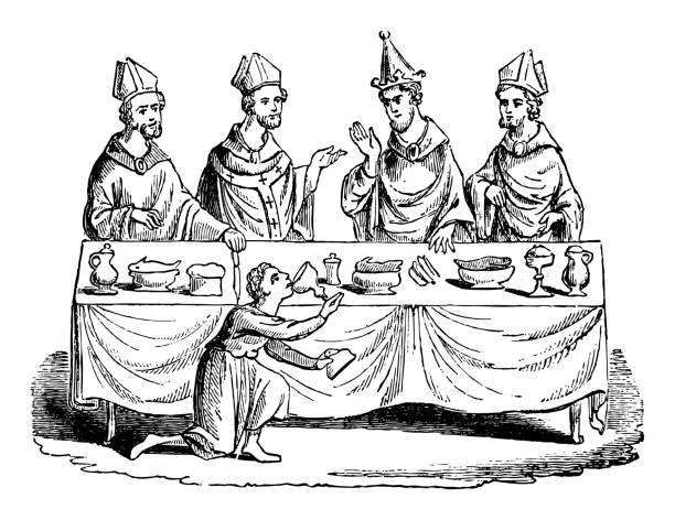 중세 종업원, 배신을 방지하십시오. 테이블에서 와인을 제공하기 전에 와인 시음 - 빈티지 새겨진 그림 - treachery stock illustrations