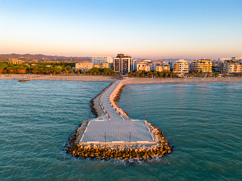 Albanian sea beach promenade in Durres from drone