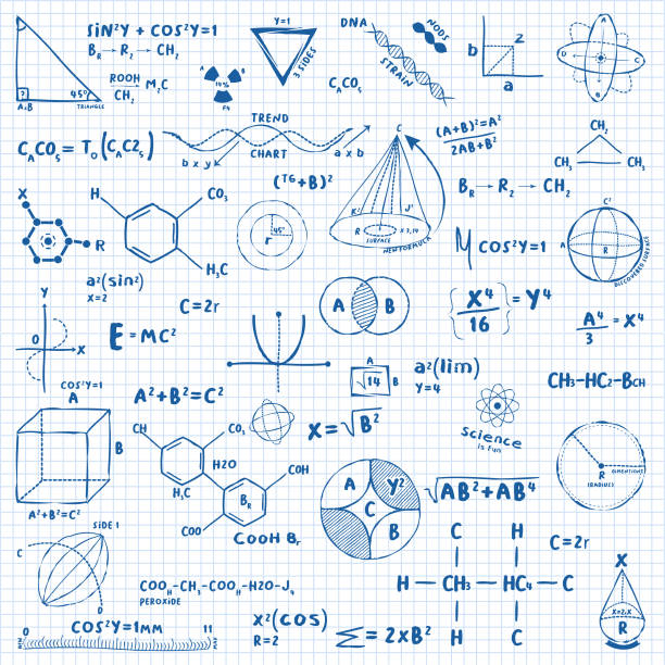 illustrations, cliparts, dessins animés et icônes de recherche en équations mathématiques, chimie et physique quantique. - mathematics doodle paper education