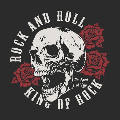 Rock and roll colorful poster with skull and roses for design of heavy metal festival vector illustration