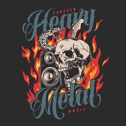 Heavy metal vintage colorful flyer with musical speaker and skull among flames for rock and roll celebrities vector illustration