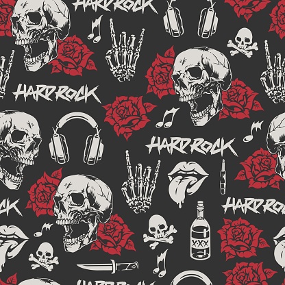 Hard rock colorful seamless pattern with hand making rocker gesture and skulls near scarlet roses and headphones vector illustration